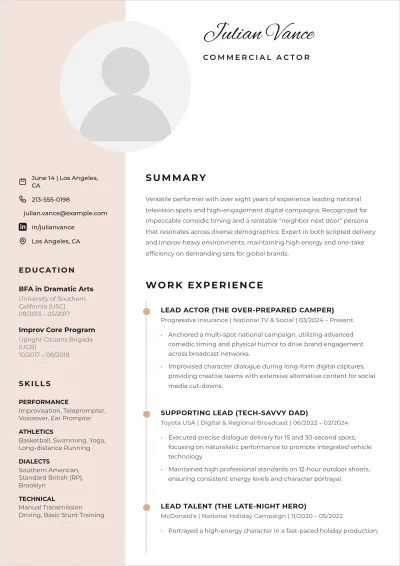 Free Commercial Actor ATS Resume Template, AI Resume Builder