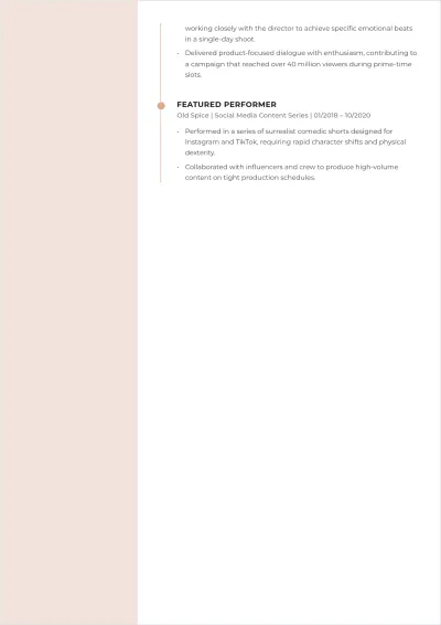 Free Commercial Actor ATS Resume Template, AI Resume Builder