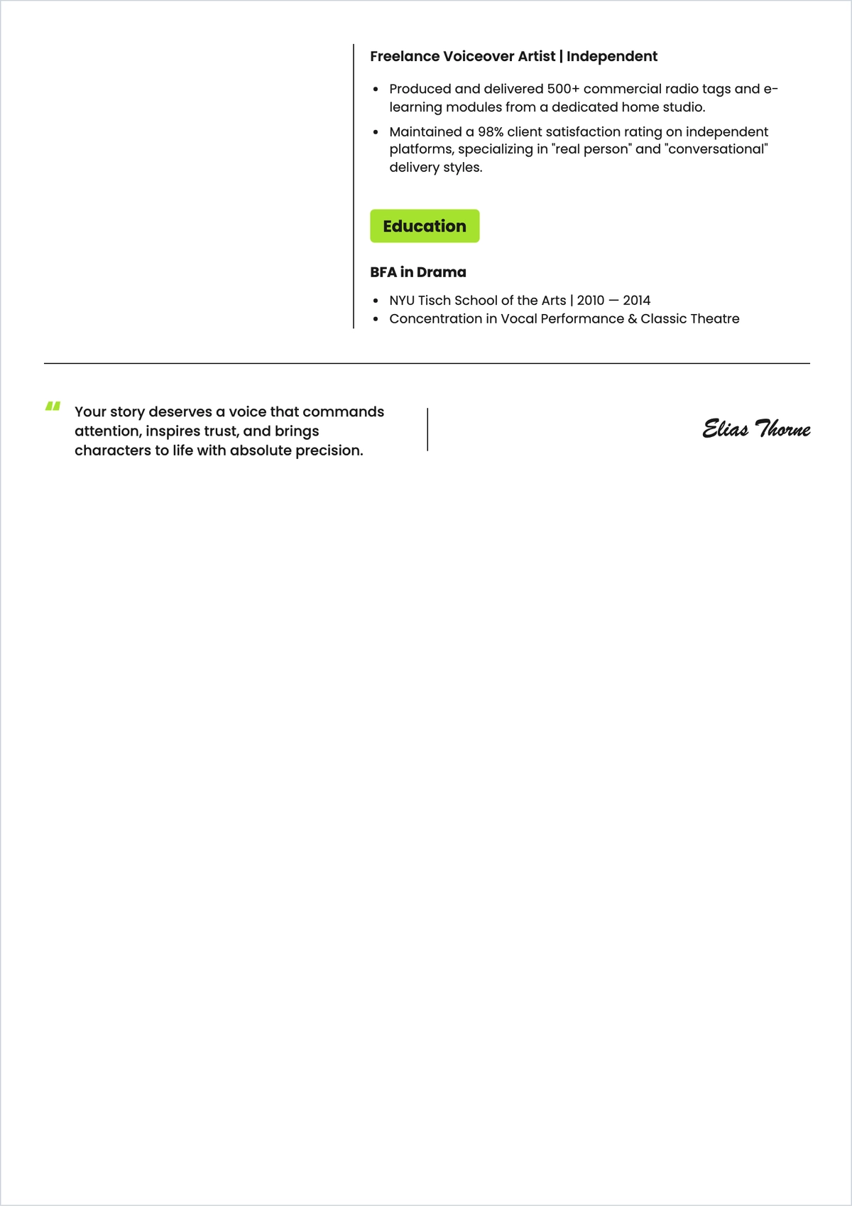 Free Voiceover Actor ATS Resume Template, AI Resume Builder