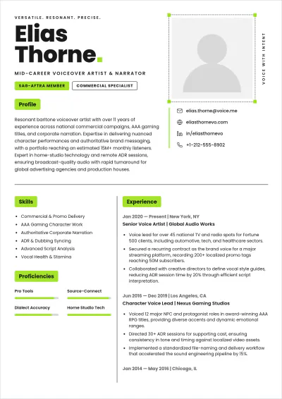 Free Voiceover Actor ATS Resume Template, AI Resume Builder