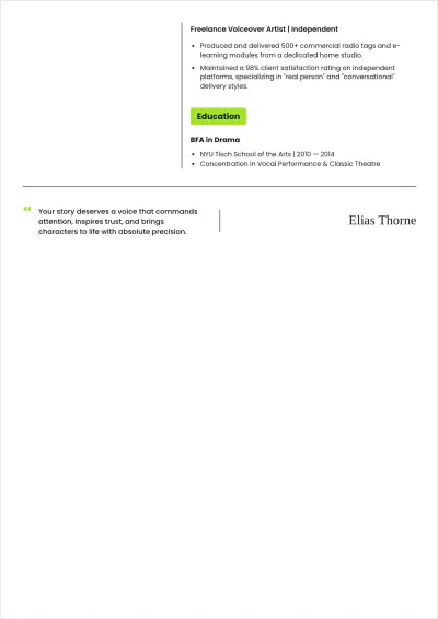 Free Voiceover Actor ATS Resume Template, AI Resume Builder