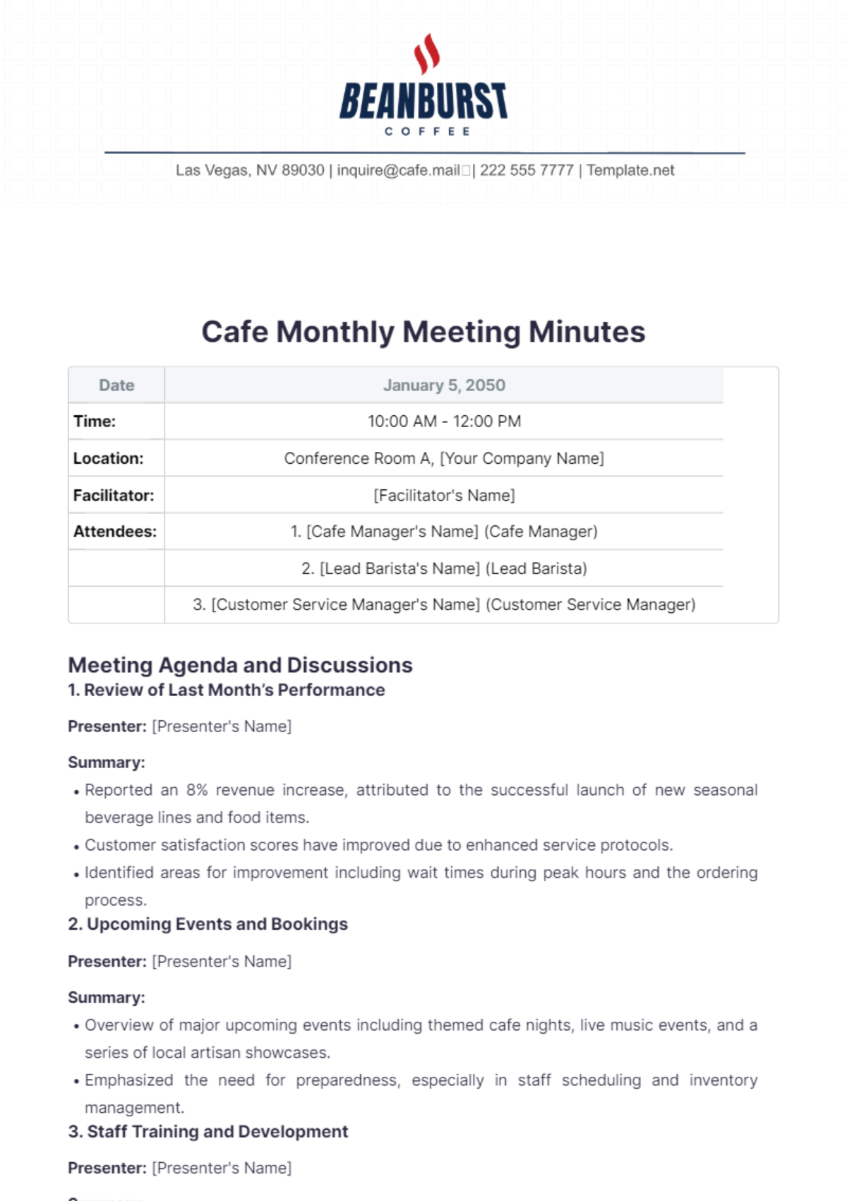 Cafe Monthly Meeting Minutes Template - Edit Online & Download