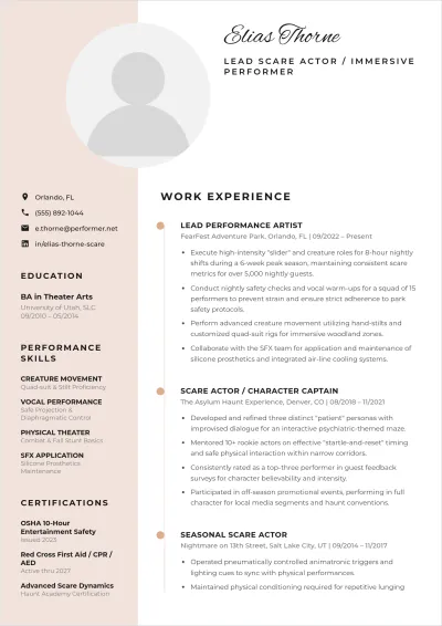 Free Scare Actor ATS Resume Template, AI Resume Builder