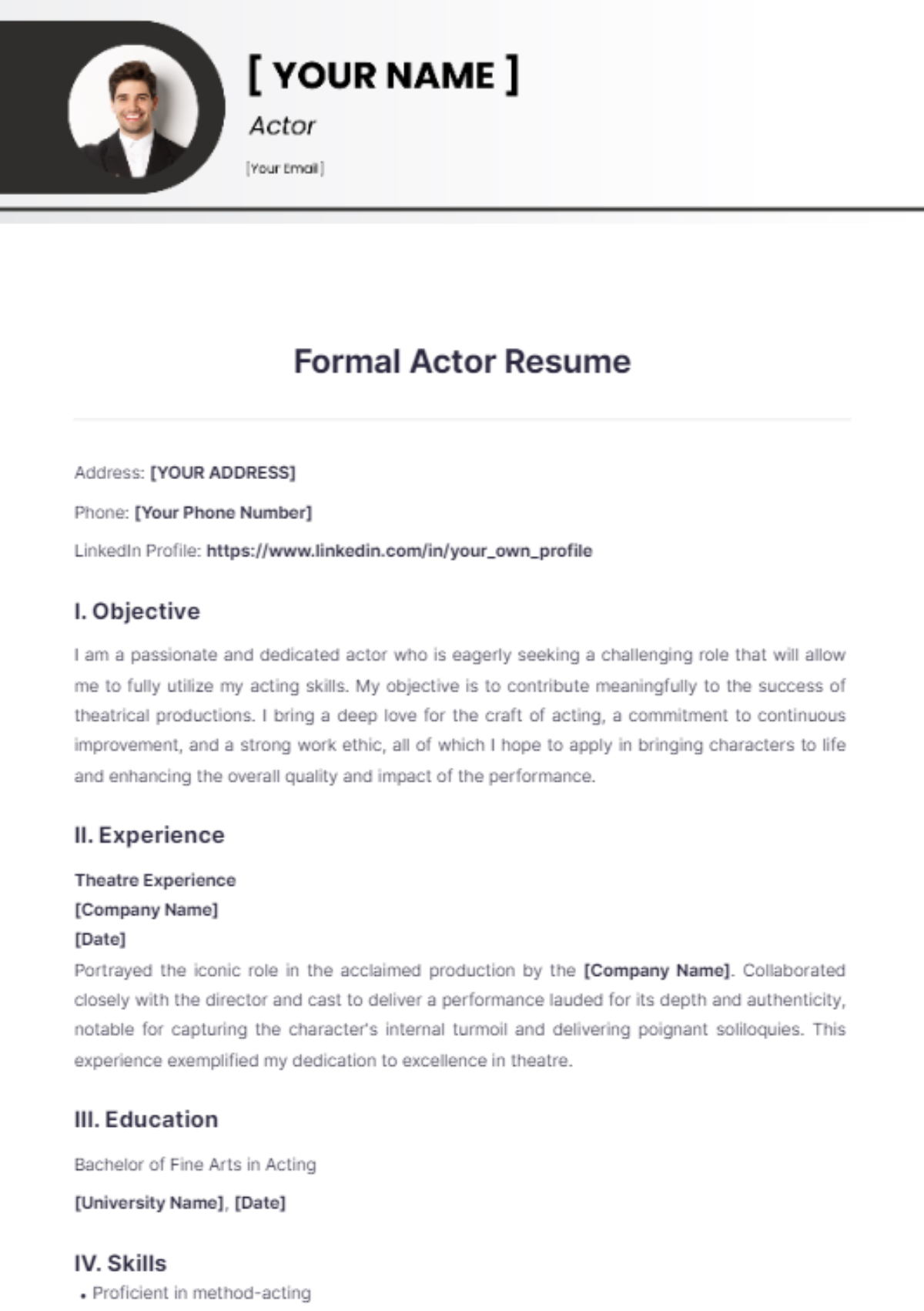 Formal Actor Resume - Edit Online & Download