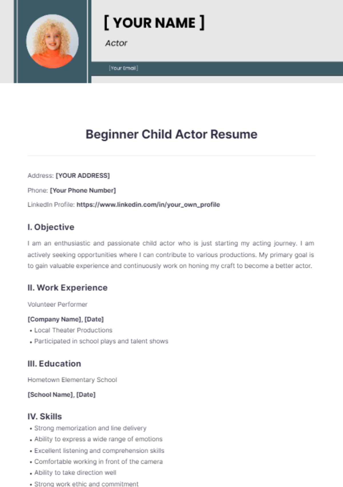 Beginner Child Actor Resume - Edit Online & Download