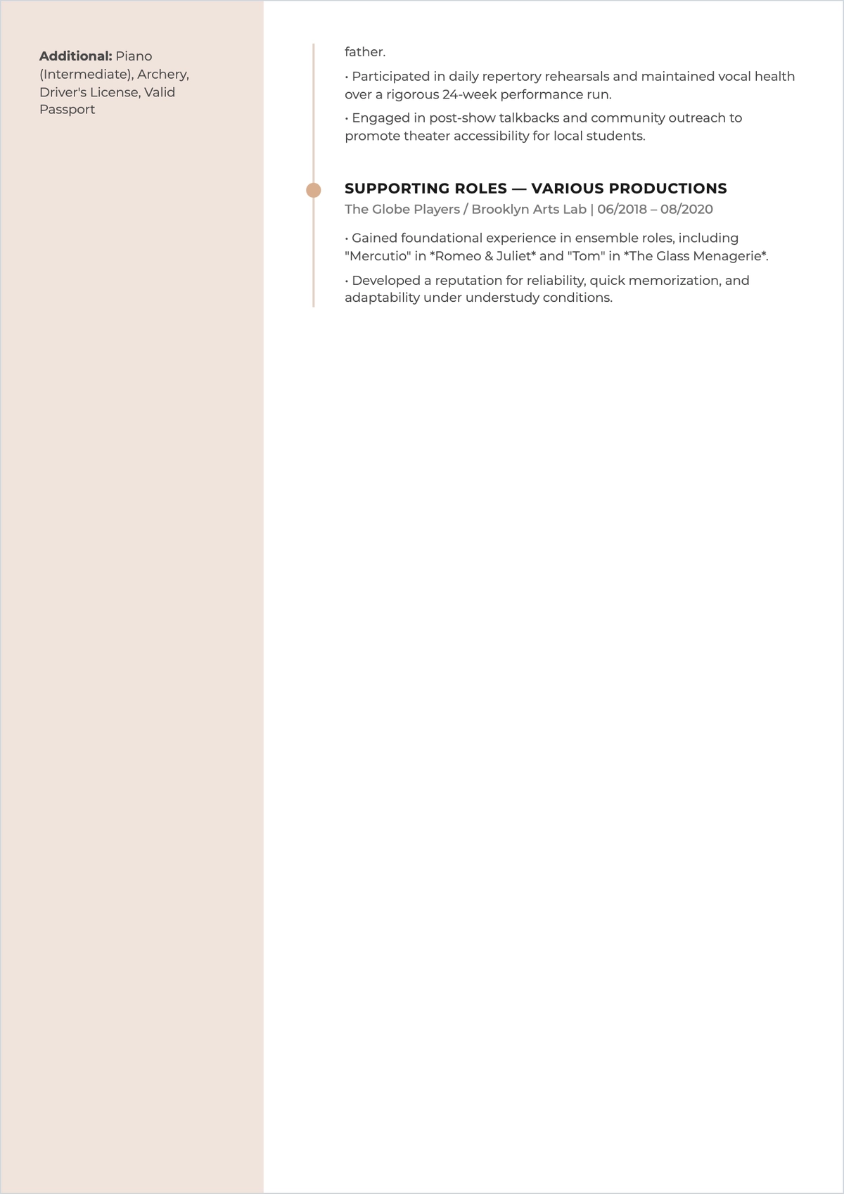 Free Mid-Level Actor ATS Resume Template, AI Resume Builder