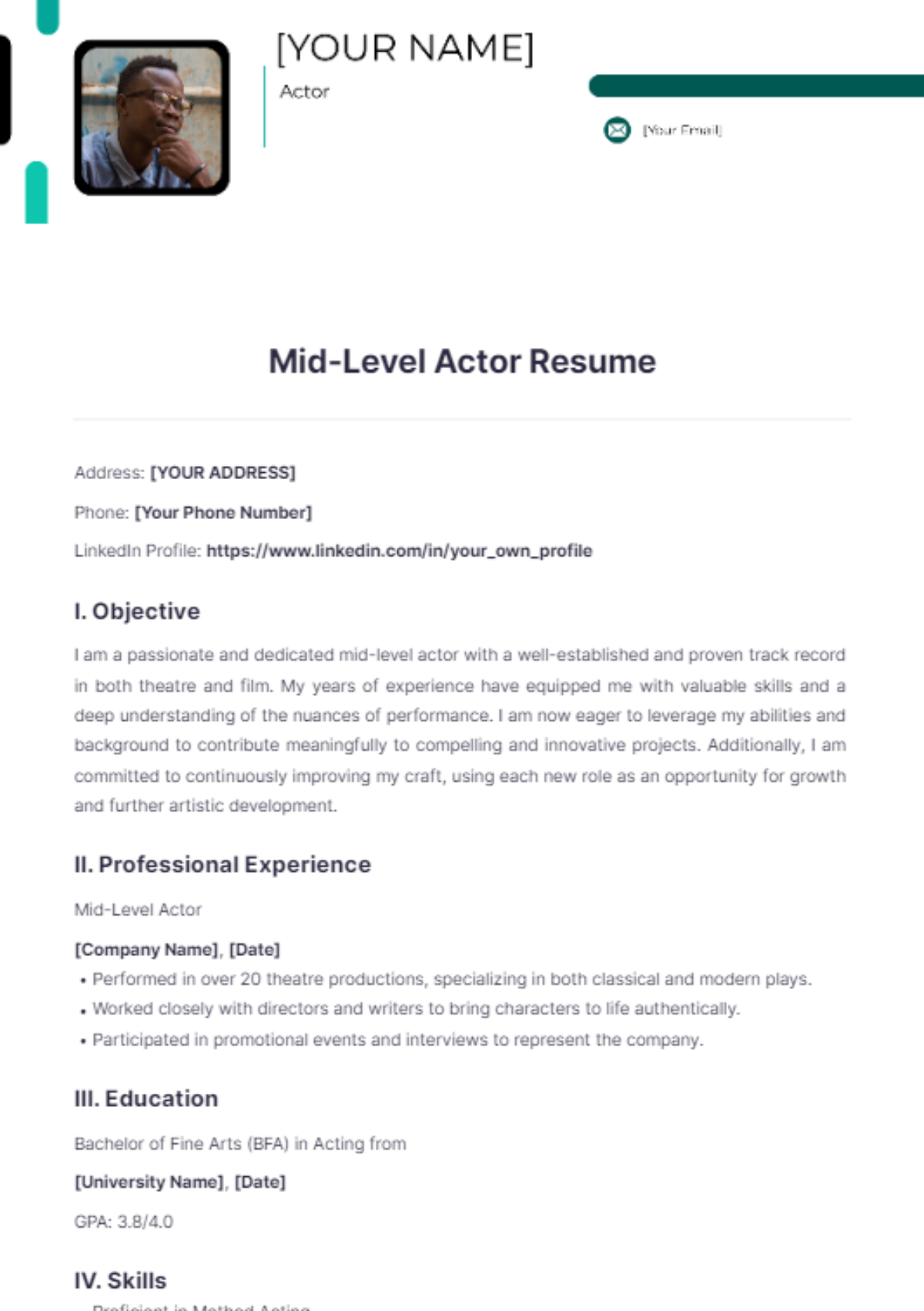 Mid-Level Actor Resume - Edit Online & Download