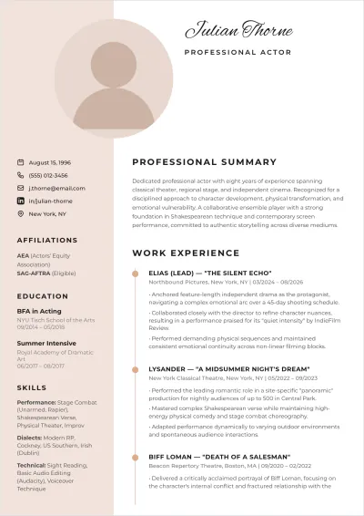 Free Mid-Level Actor ATS Resume Template, AI Resume Builder
