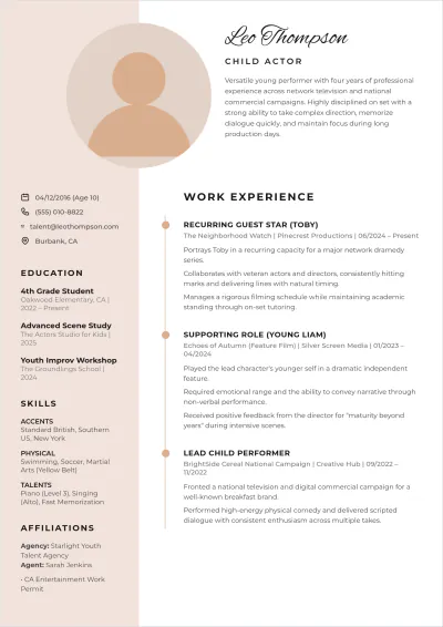 Free Child Actor ATS Resume Template, AI Resume Builder