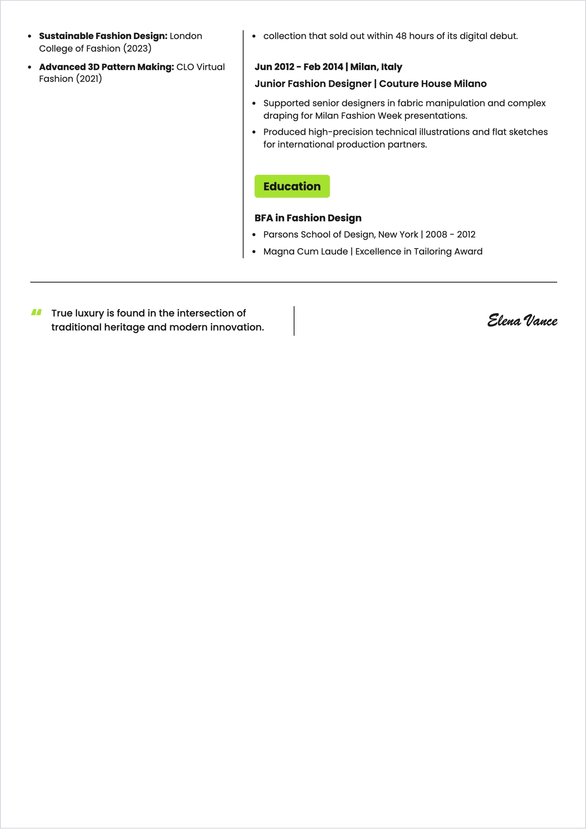 Free Senior Fashion Designer ATS Resume Template, AI Resume Builder