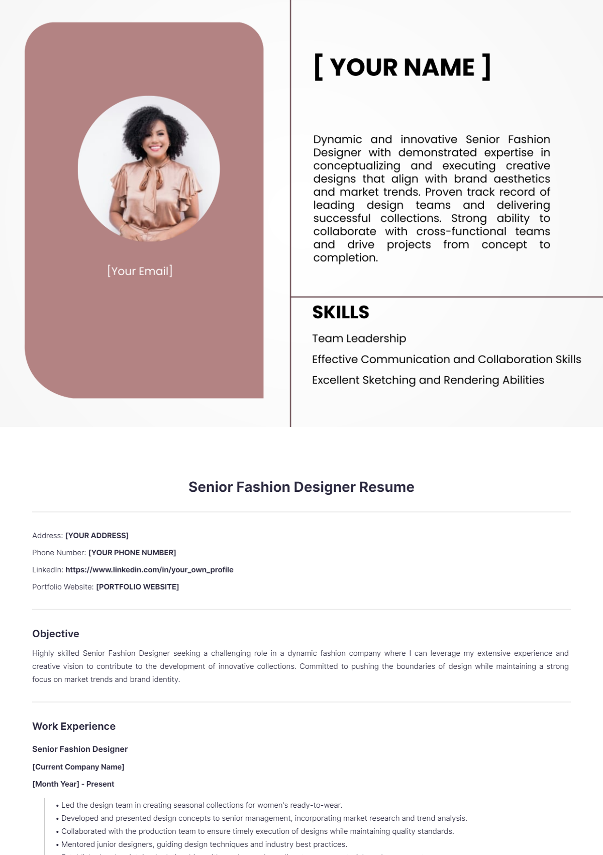 Senior Fashion Designer Resume - Edit Online & Download