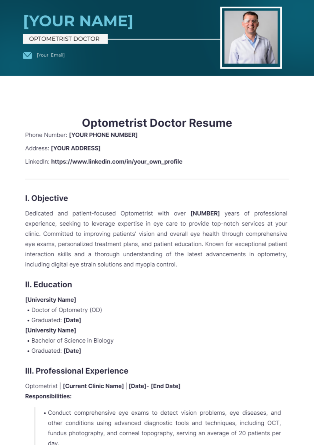 Optometrist Doctor Resume Templates - Edit Online & Download Example ...