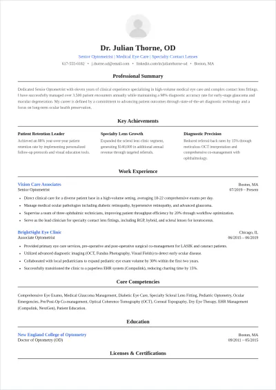 Free Optometrist Doctor ATS Resume Template, AI Resume Builder