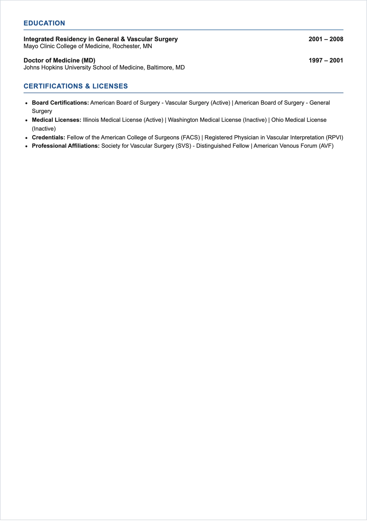 Free Vascular Surgeon Doctor ATS Resume Template, AI Resume Builder