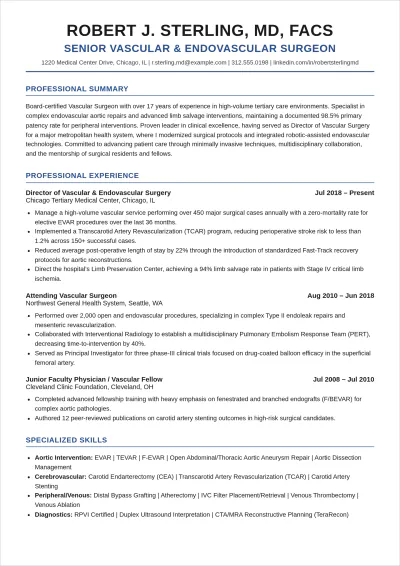 Free Vascular Surgeon Doctor ATS Resume Template, AI Resume Builder