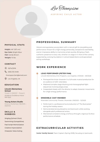 Free Child Actor ATS Resume With No Experience Template