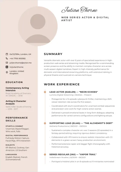 Free Web Series Actor ATS Resume Template, AI Resume Builder