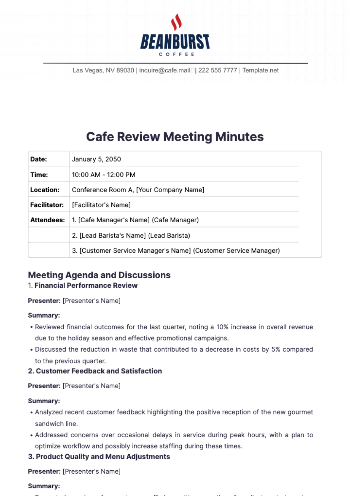 Cafe Review Meeting Minutes Template - Edit Online & Download