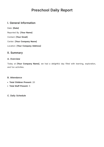 Free Preschool Daily Report Template to Edit Online