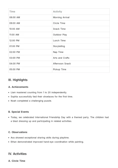 Free Preschool Daily Report Template to Edit Online
