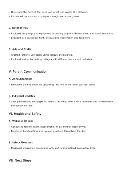 Free Preschool Daily Report Template to Edit Online