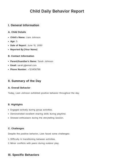Free Child Daily Behavior Report Template to Edit Online