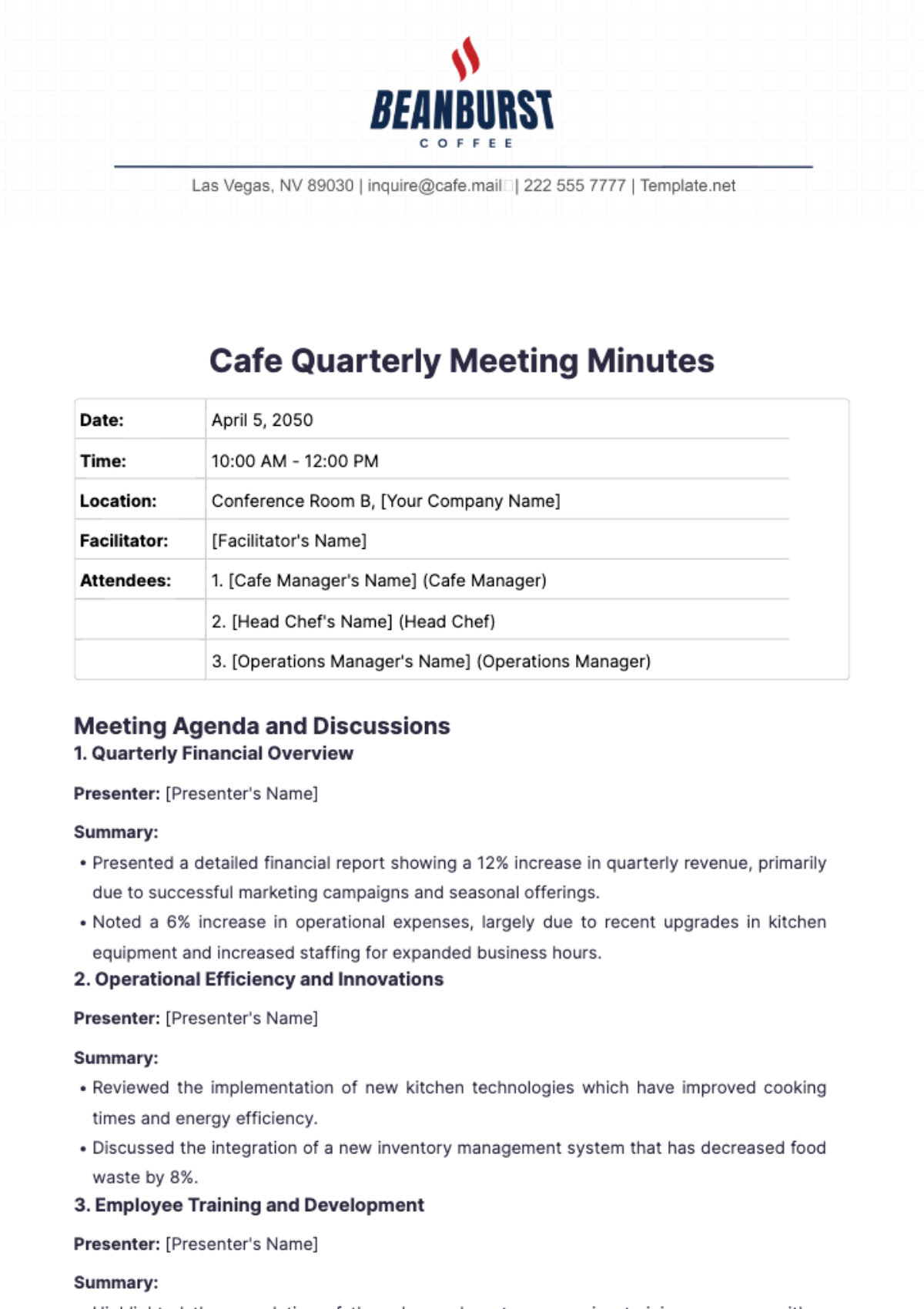 Cafe Quarterly Meeting Minutes Template - Edit Online & Download