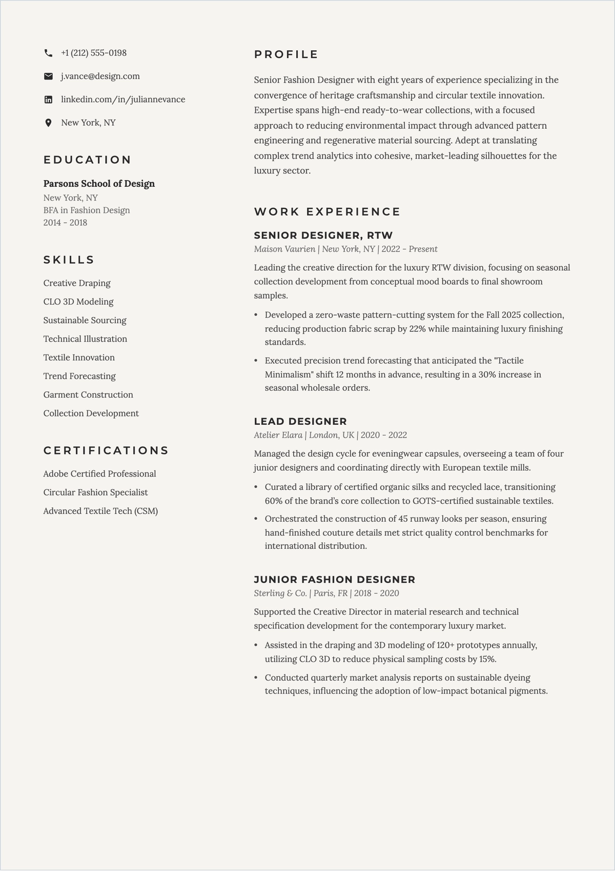 Free Modern Fashion Designer ATS Resume Template, AI Resume Builder