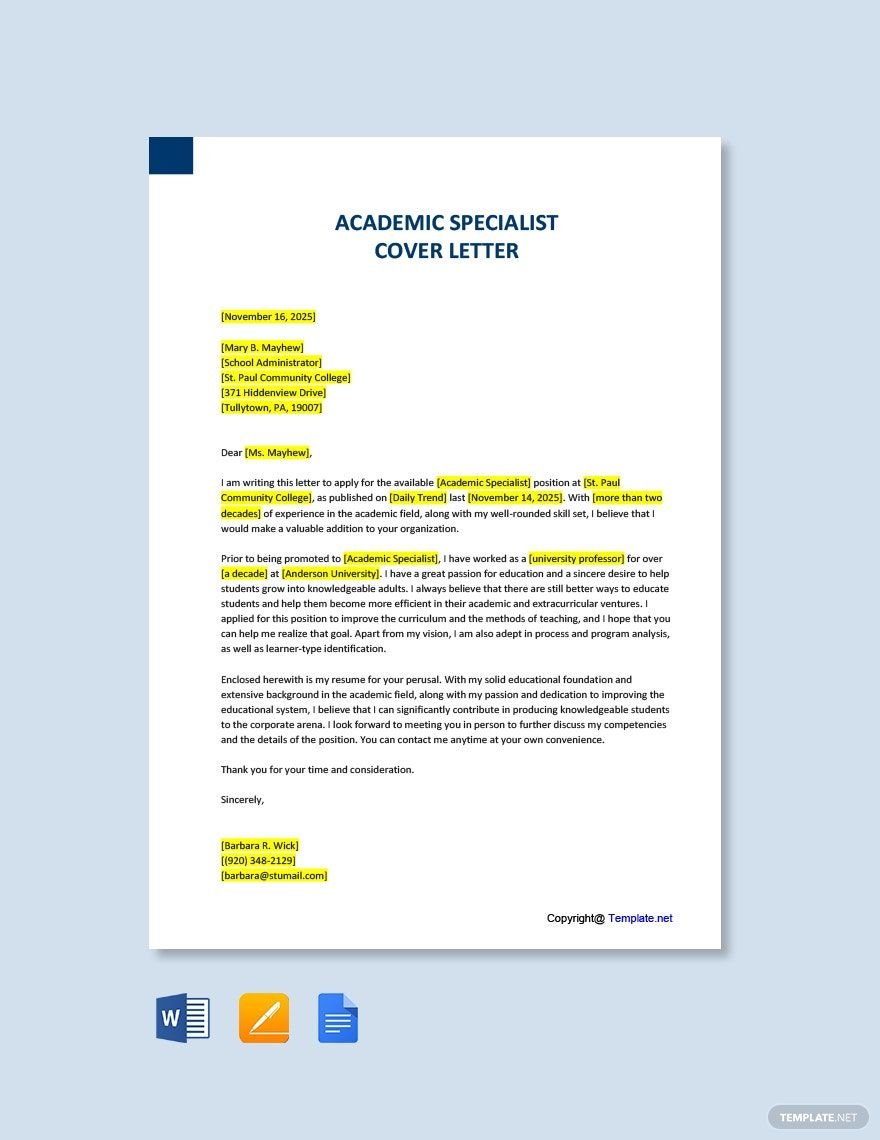 Academic Specialist Cover Letter