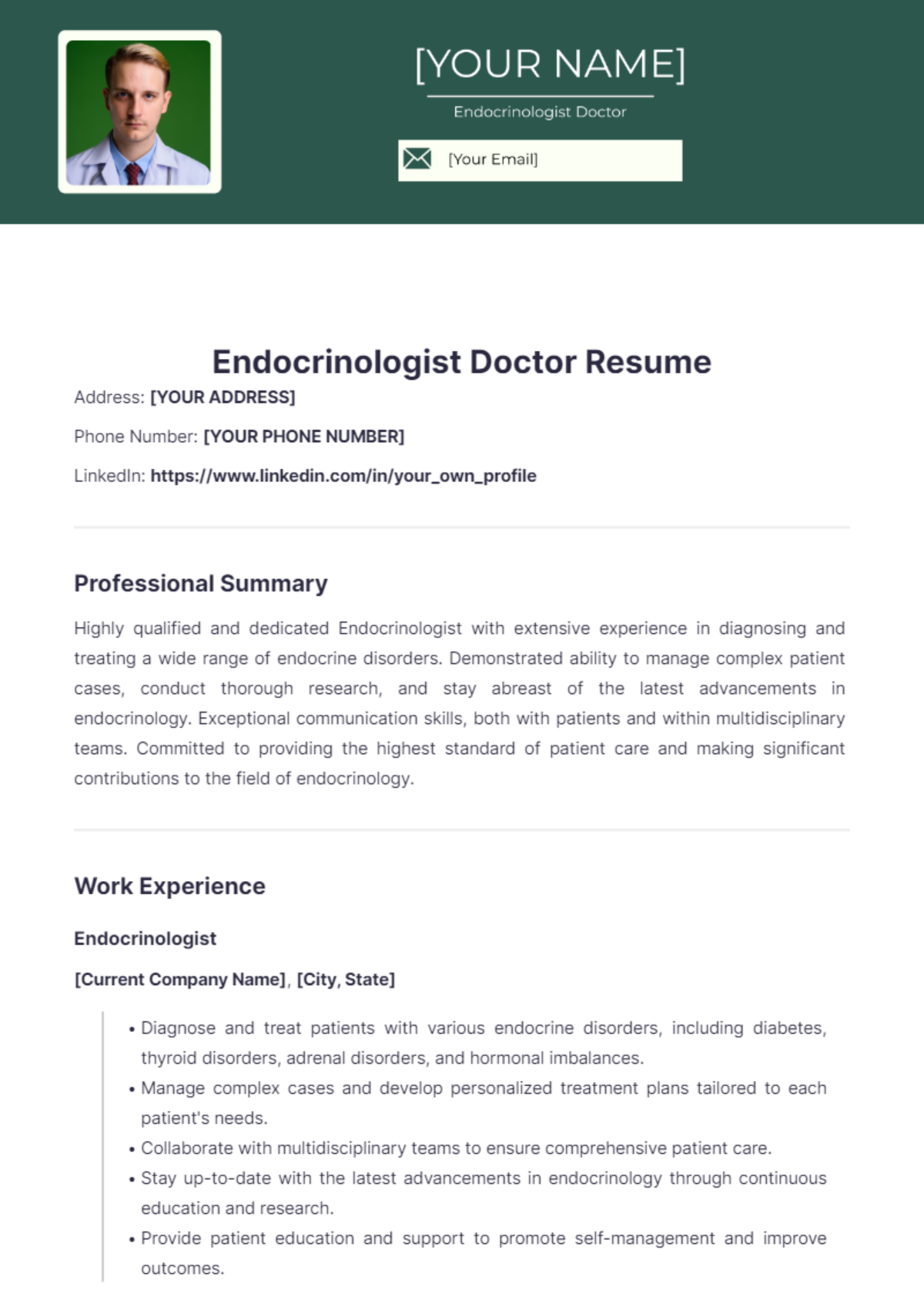 Endocrinologist Doctor Resume - Edit Online & Download