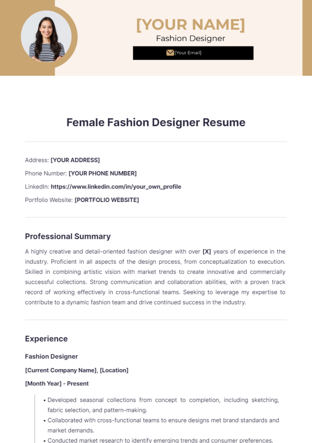 Female Fashion Designer Resume - Edit Online & Download