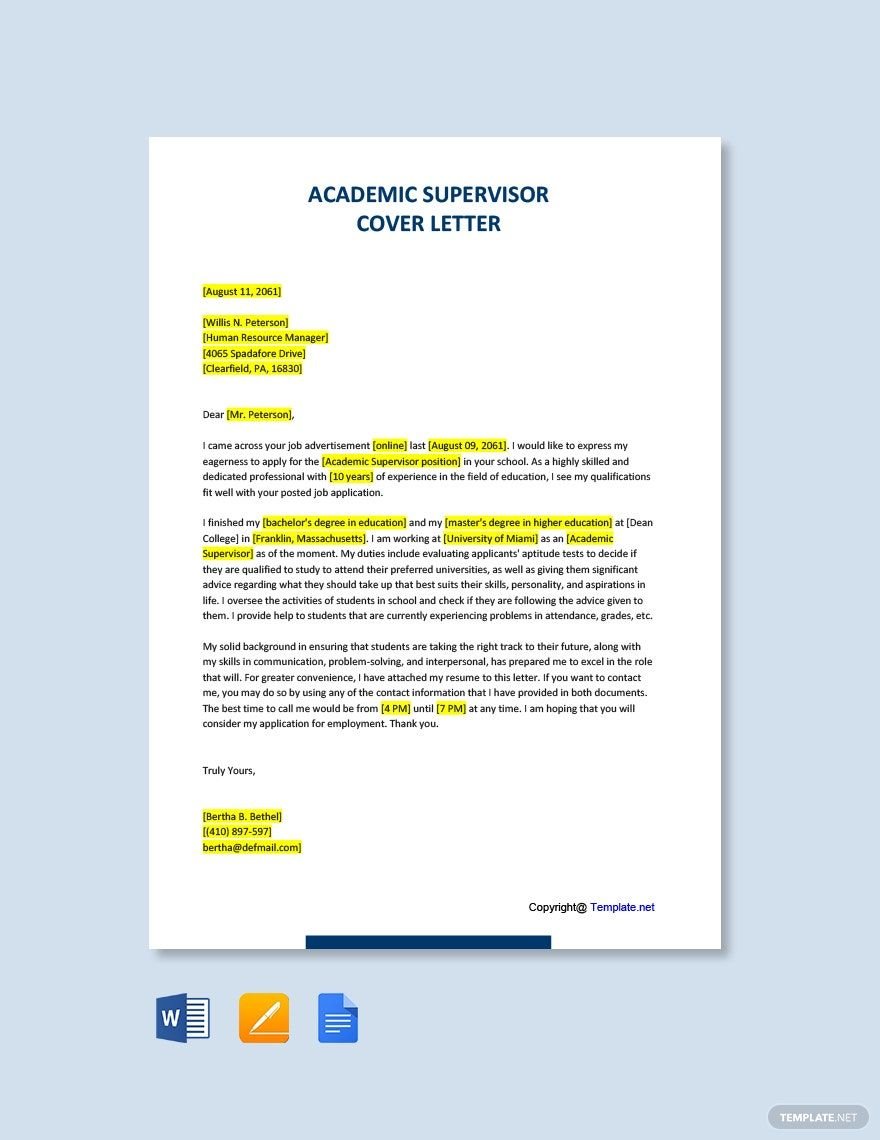 Academic Supervisor Cover Letter