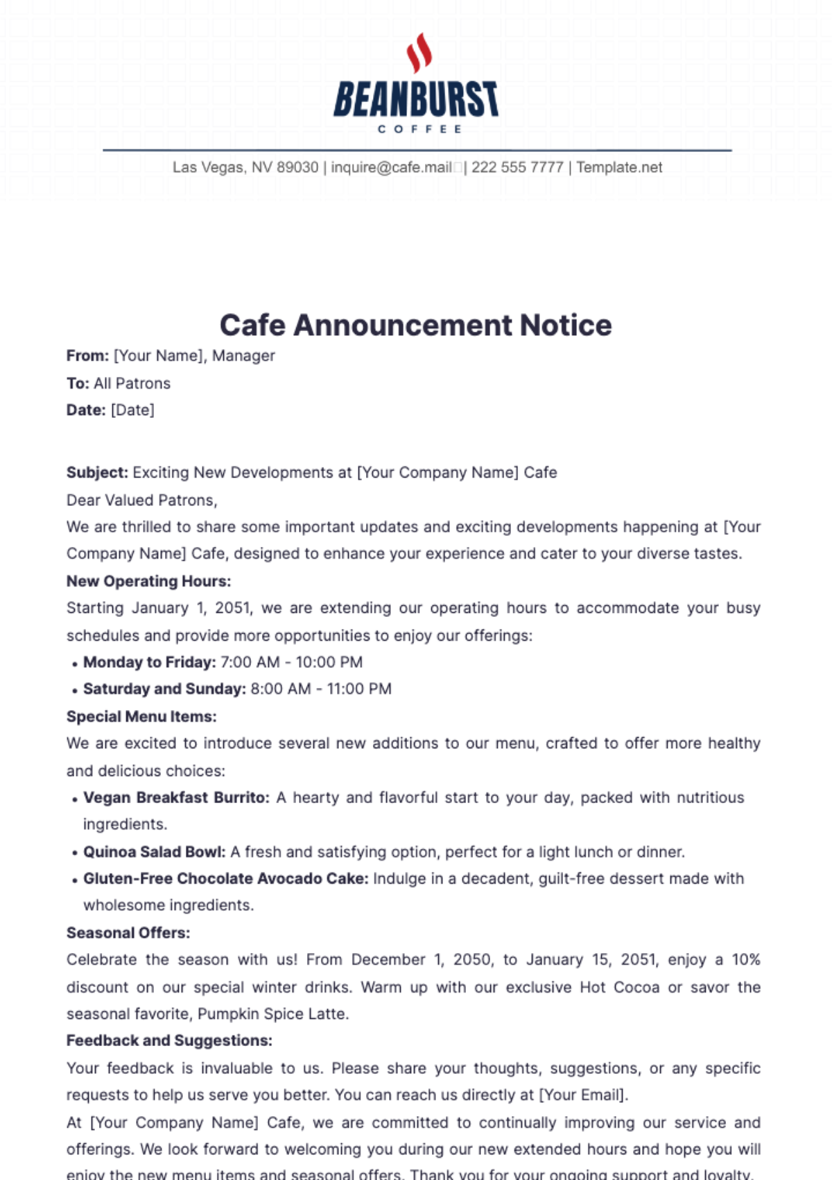 Free Cafe Announcement Notice Template