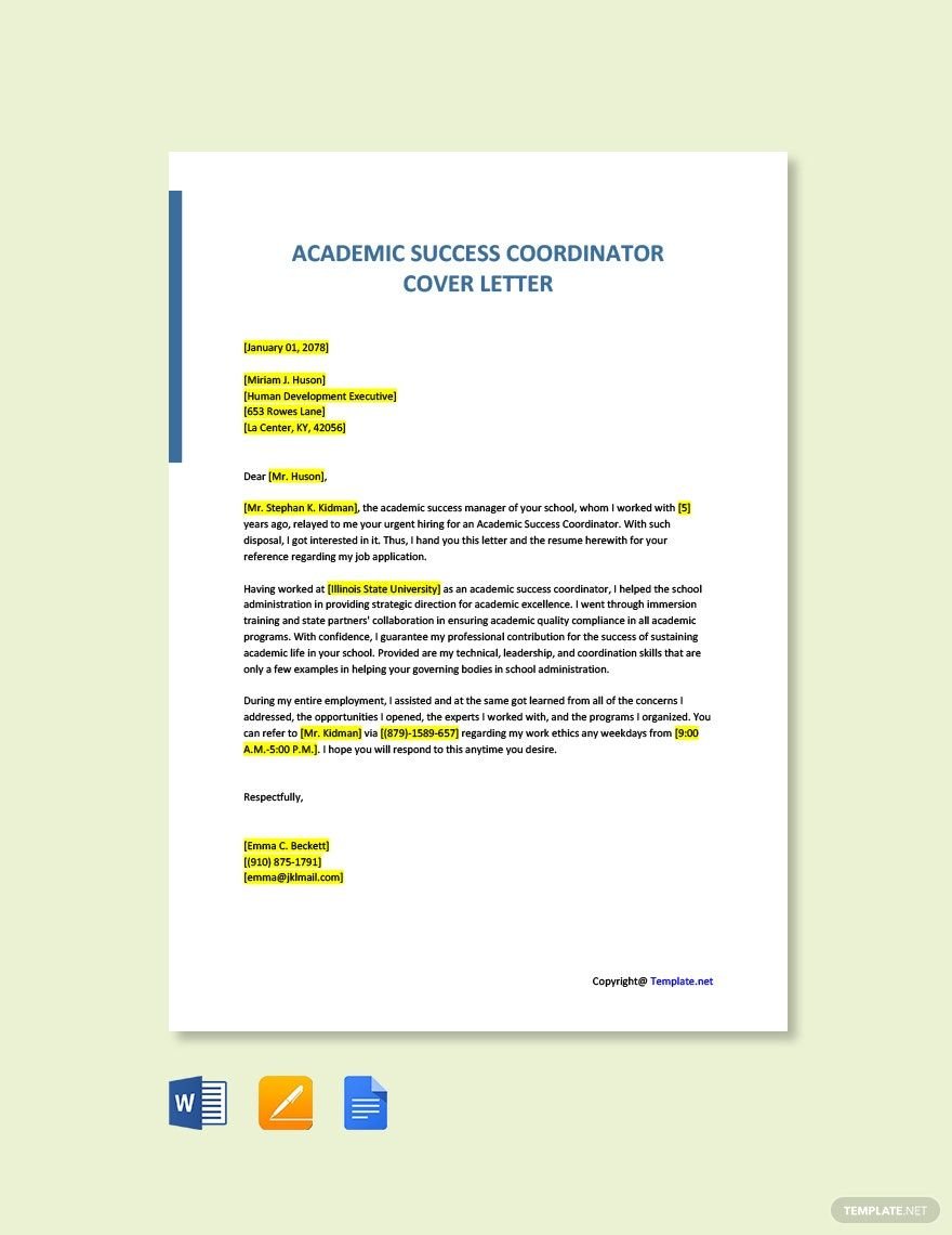 Free Academic Success Coordinator Cover Letter Template