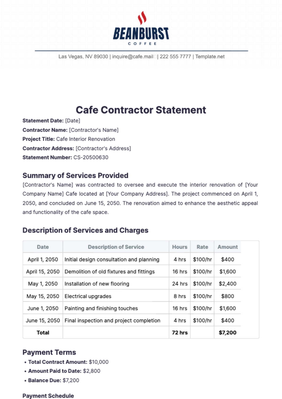 Cafe Contractor Statement Template - Edit Online & Download