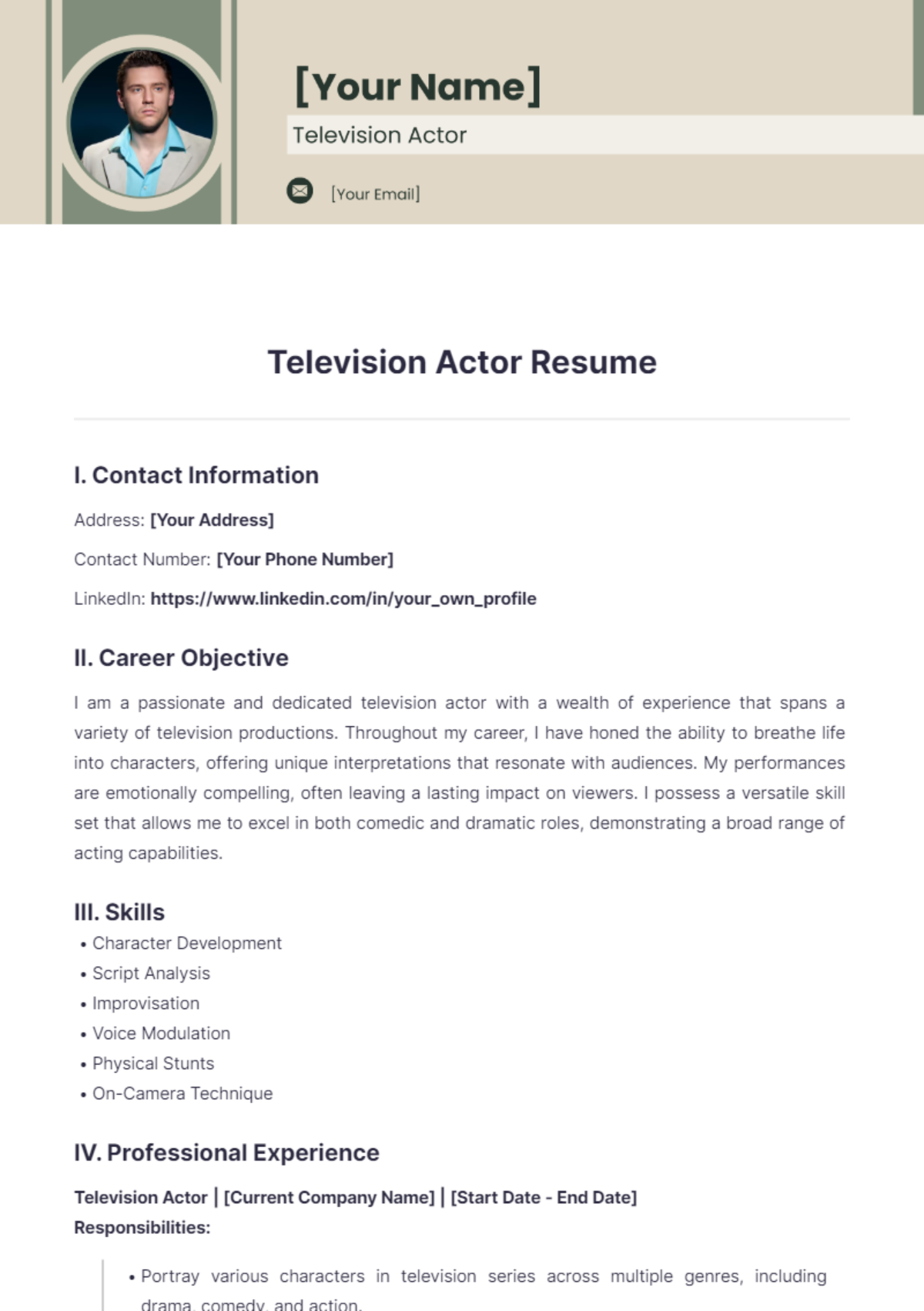 Television Actor Resume - Edit Online & Download