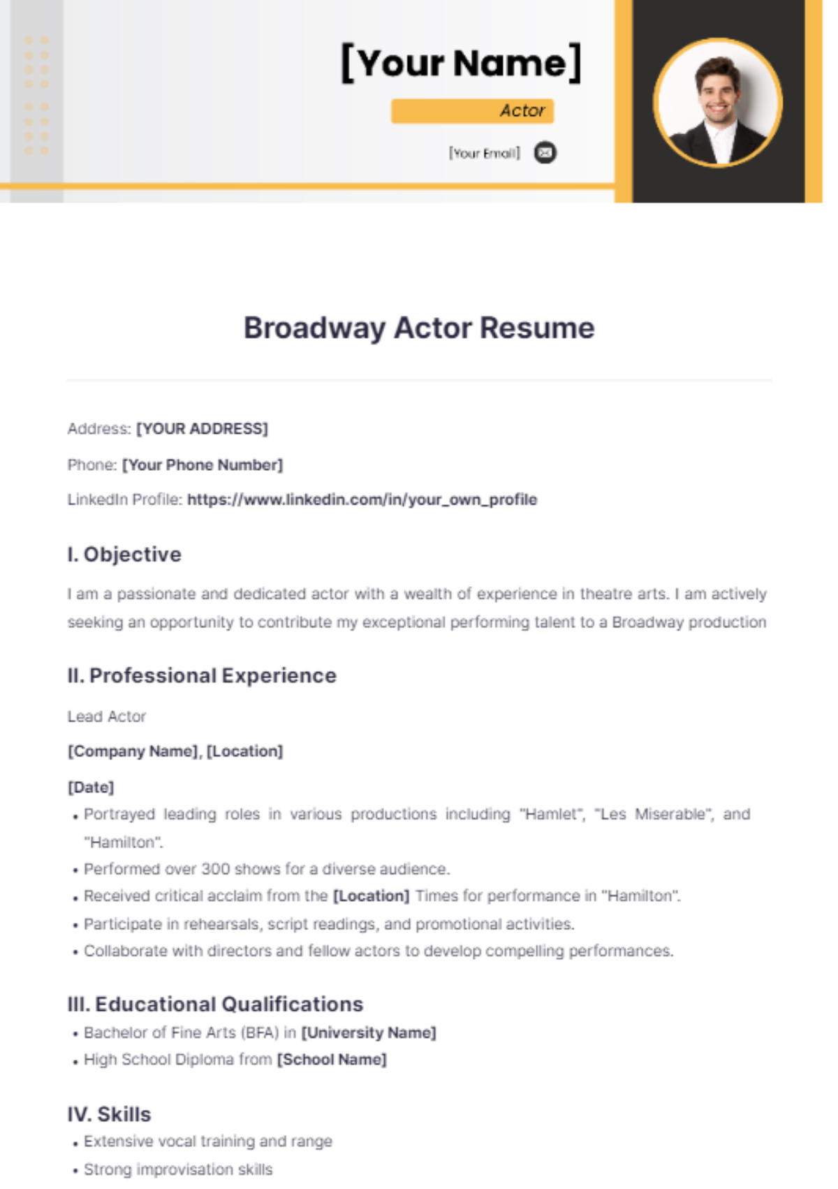 Broadway Actor Resume - Edit Online & Download