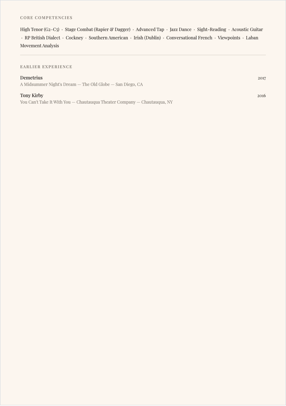 Free Broadway Actor ATS Resume Template, AI Resume Builder