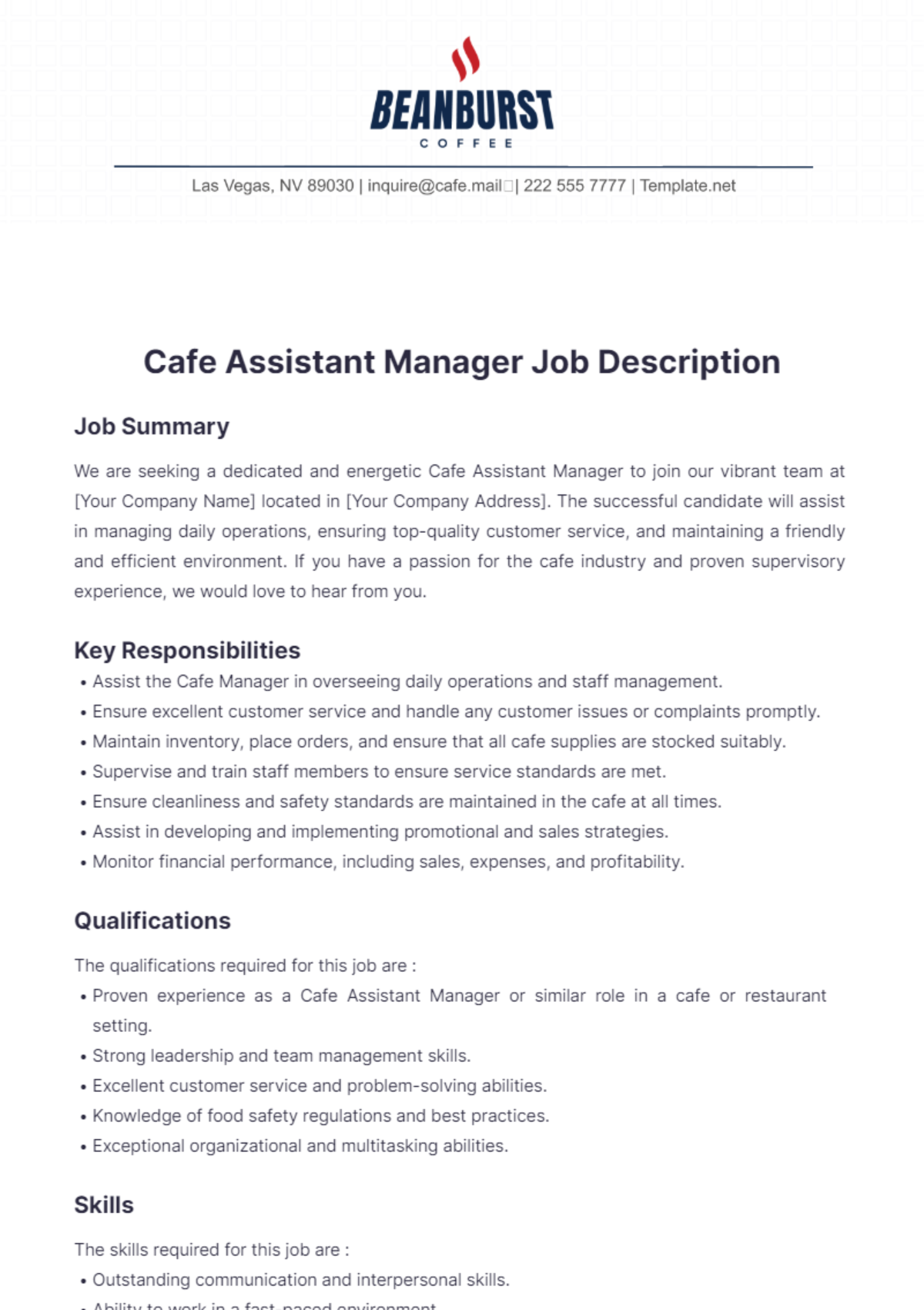 Cafe Assistant Manager Job Description Template - Edit Online & Download