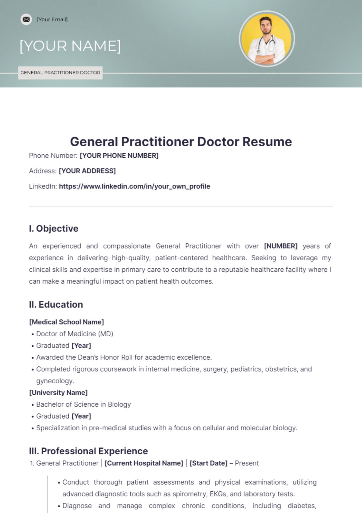 General Practitioner Doctor Resume - Edit Online & Download