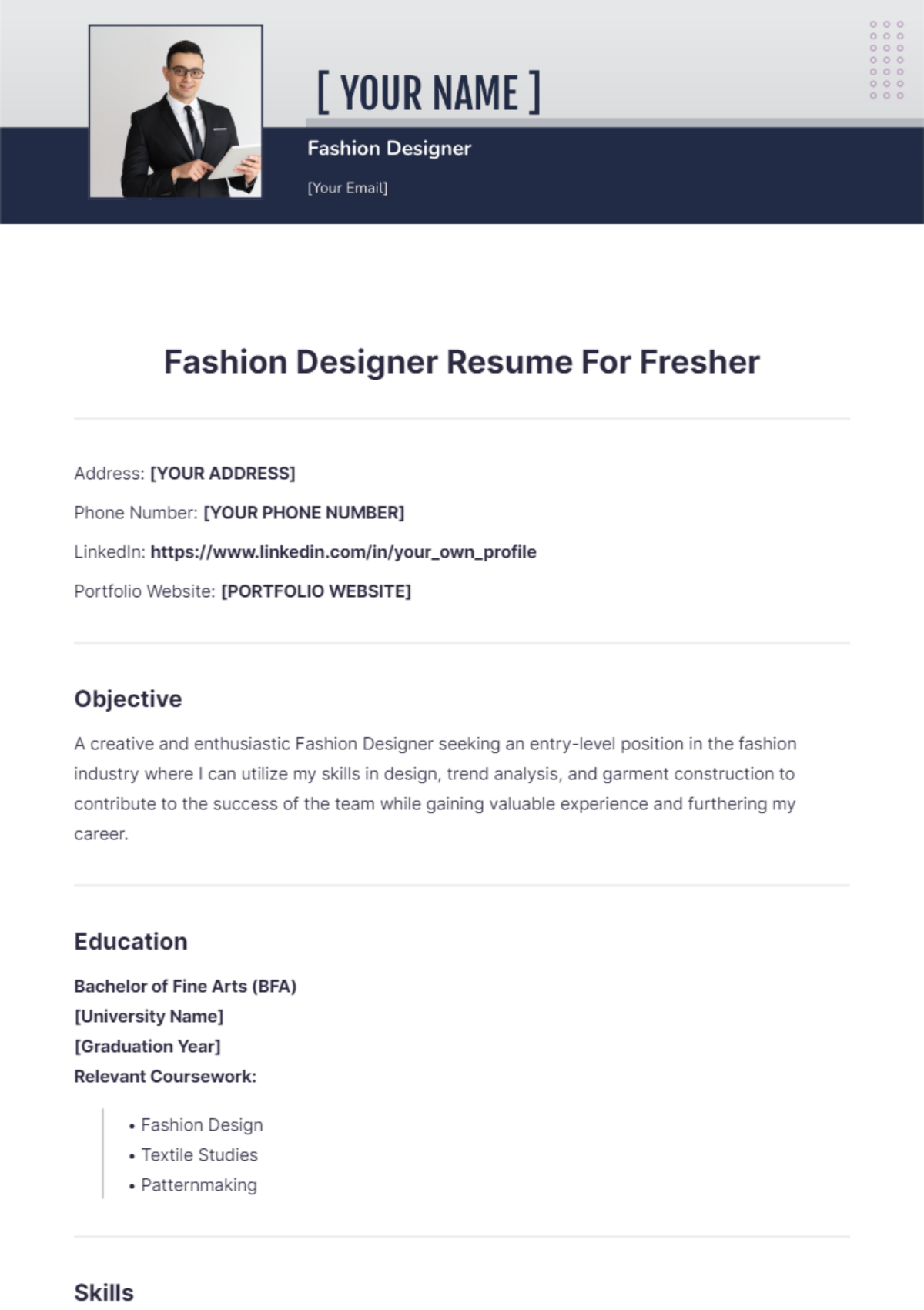 Fashion Designer Resume For Fresher - Edit Online & Download