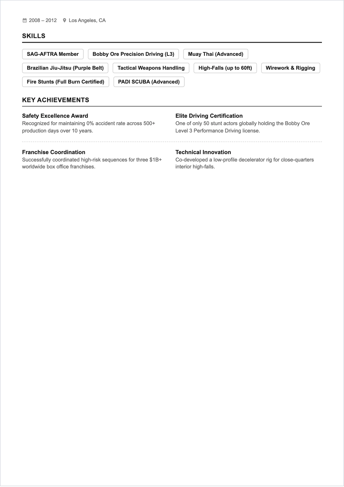 Free Stunt Actor ATS Resume Template, AI Resume Builder