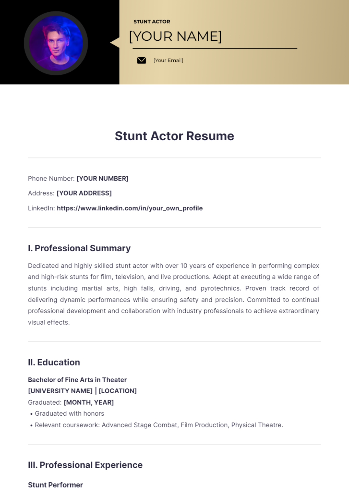 Stunt Actor Resume - Edit Online & Download