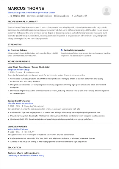 Free Stunt Actor ATS Resume Template, AI Resume Builder
