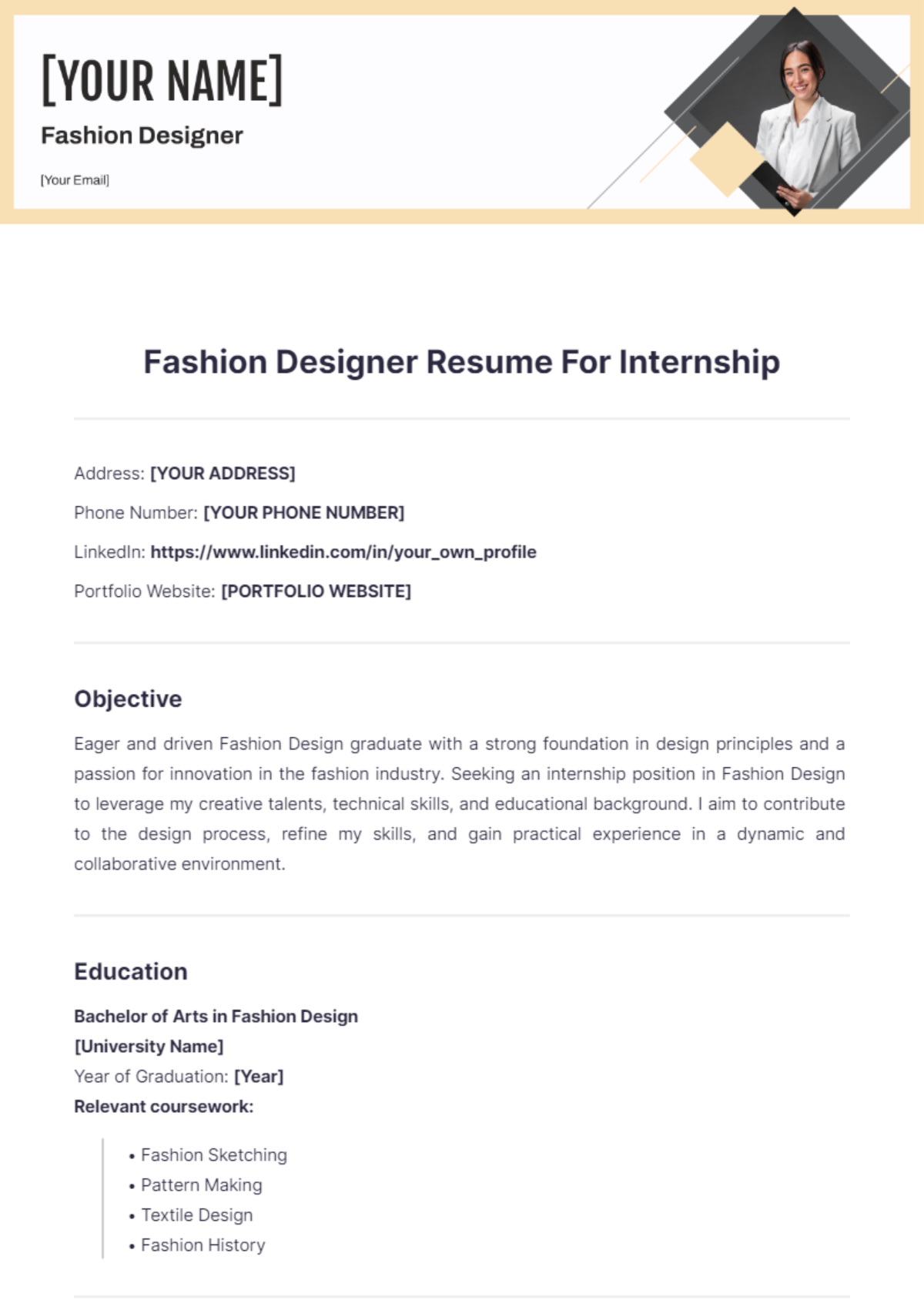 Fashion Designer Resume For Internship - Edit Online & Download