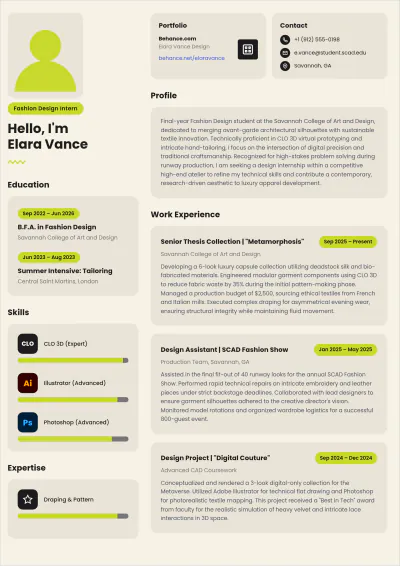 Free Fashion Designer ATS Resume For Internship Template