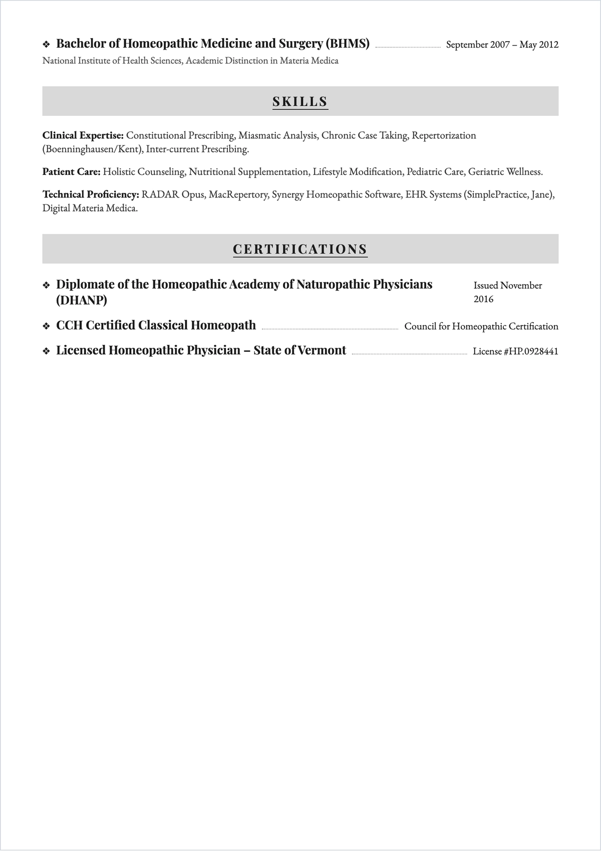 Free Homeopathy Doctor ATS Resume Template, AI Resume Builder