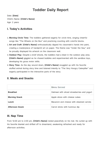 Free Toddler Daily Report Template to Edit Online