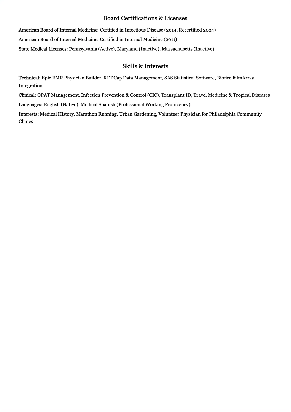 Free Infectious Disease Doctor ATS Resume Template, AI Resume Builder