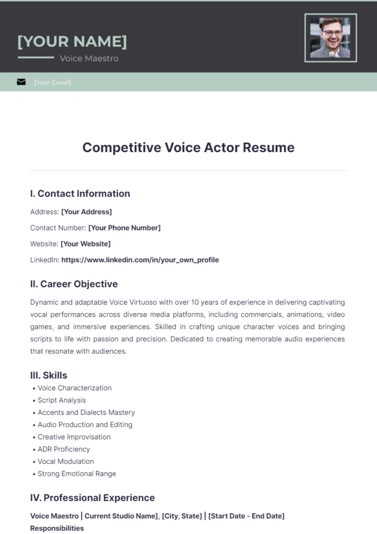 Competitive Voice Actor Resume - Edit Online & Download